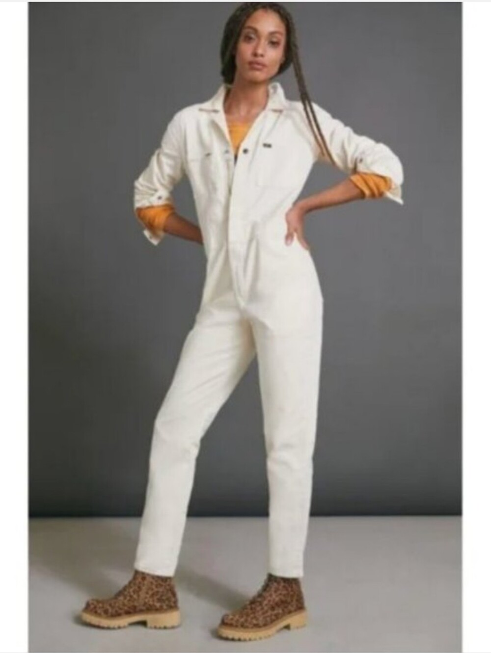 New Lee Union Alls Ecru Button-Front Utility Metallic Jumpsuit Size Medium
